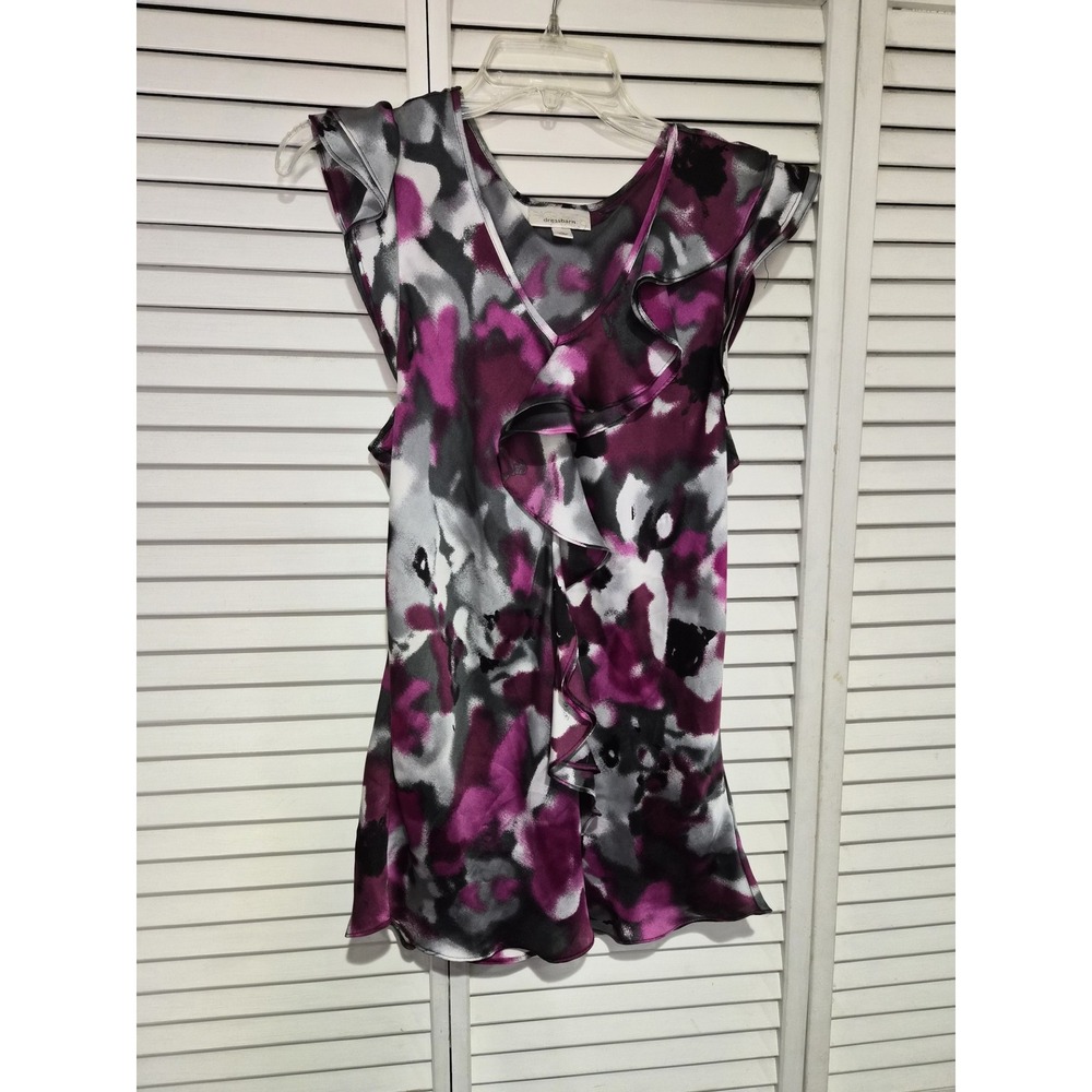 Dressbarn Womens Large Purple Abstract Floral Ruffle Front Flutter Sleeve Blouse